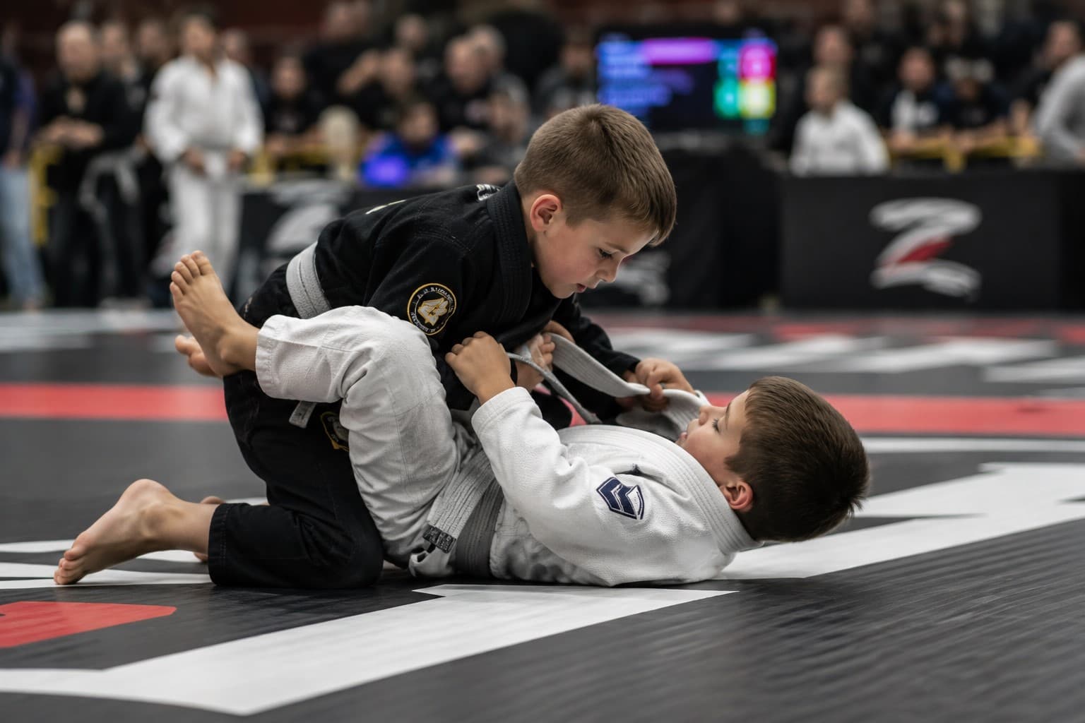 Two young boys grappling on the mats at a kids Brazilian Jiu Jitsu tournament, one in a black gi on top while the other defends from his back in a white gi.
